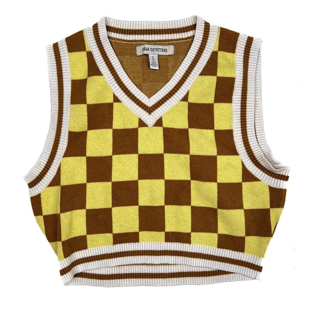 Urban Outfitters Randi Cropped Checkered Yellow Brown Sweater Vest V-Neck - NWOT - Picture 2 of 6